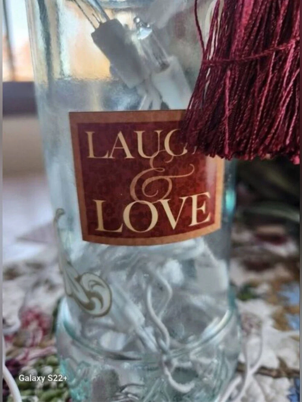 Laugh & Love Decorative Glass Light Jar - Clear w Burgundy Tassel & flower